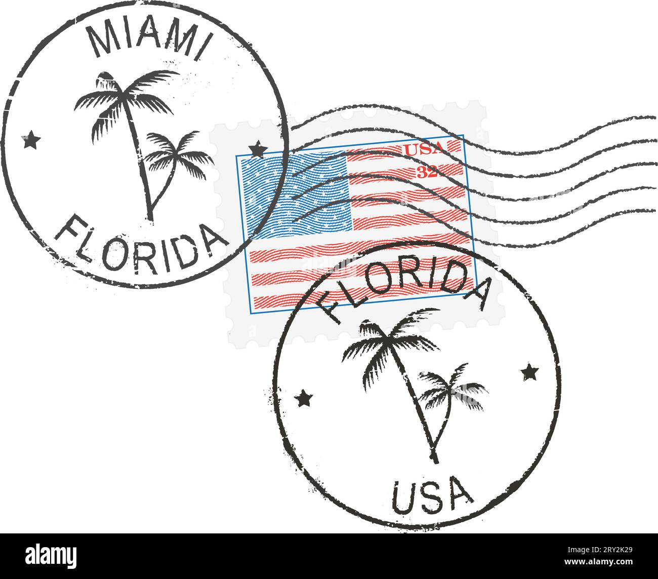 Symboles du timbre postal 'Miami-Florida-USA'. Drapeau AMÉRICAIN (gravé, effet gravure sur bois). Illustration de Vecteur