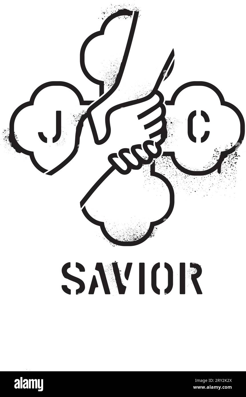 Citation ''J.C. (Jésus Christ) Sauveur''. La main de Dieu sauve l'homme. Fond croisé. Pochoir graffiti en spray urbain. Illustration de Vecteur