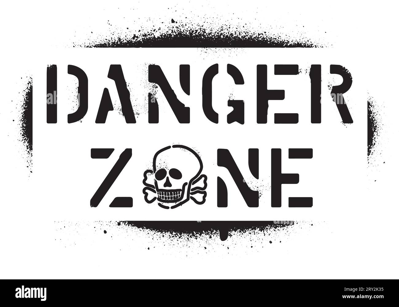 Message d'avertissement ''zone dangereuse'' et crâne. Pochoir graffiti en spray. Illustration de Vecteur