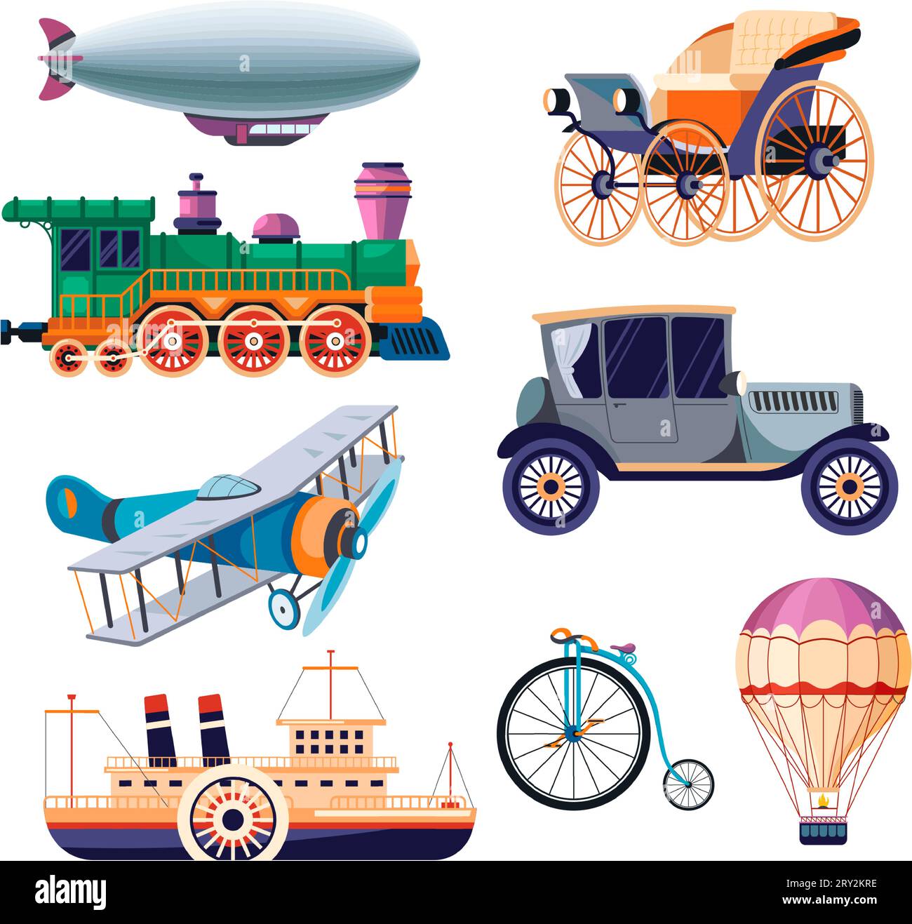 Moyens de transport rétro, train et ballon à air Illustration de Vecteur