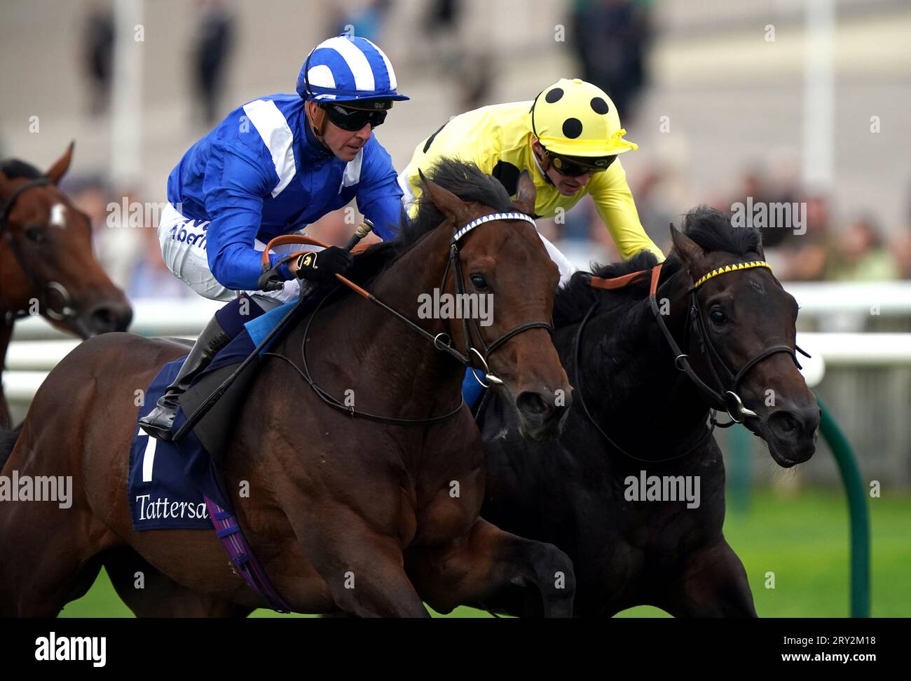 Alyanaabi monté par le jockey Jim Crowley (à gauche) remporte les Tattersalls Stakes avec Boiling point monté par le jockey James Doyle deuxième lors de la première journée du Cambridgeshire Meeting à Newmarket Racecourse. Date de la photo : jeudi 28 septembre 2023. Banque D'Images