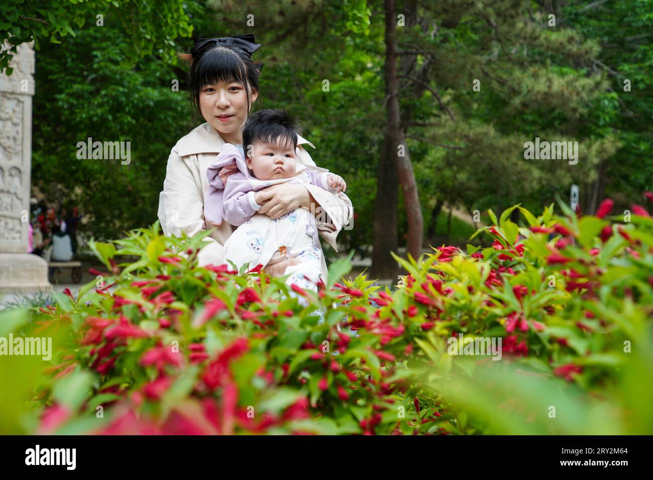 Pékin, Chine - 6 mai 2023 : une femme tenant un bébé joue dans le parc. Banque D'Images