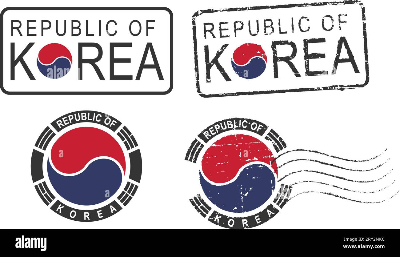 Timbres et étiquettes grunge postaux 'République de Corée du Sud'.Yin Yang (unité dans la diversité) - symbole national coréen. Illustration de Vecteur