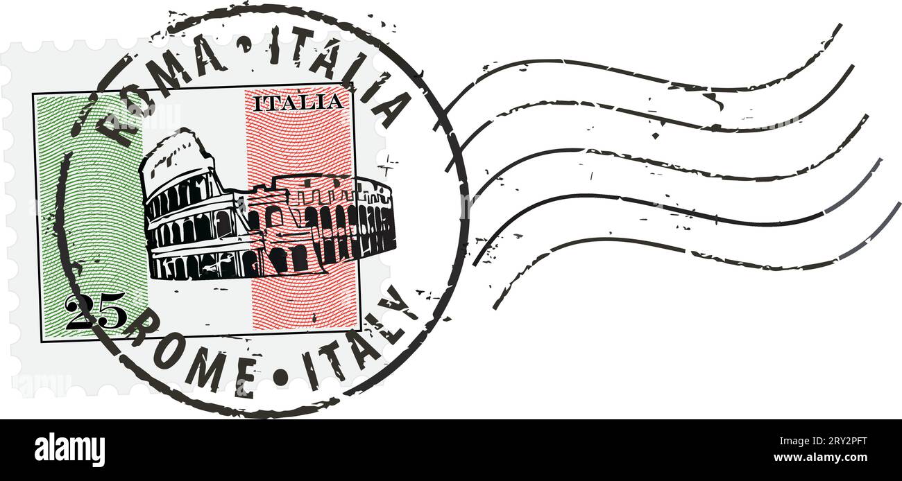 Symboles de timbre postal 'Rome-Italie' avec le Colisée. Drapeau italien (gravé, effet gravure sur bois). Illustration de Vecteur