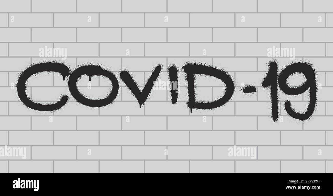 Vaporisez l'inscription graffiti COVID-19 sur le mur de briques blanches. Nouveau nom officiel pour coronavirus. Un message d'avertissement contre la propagation des maladies. Illustration de Vecteur