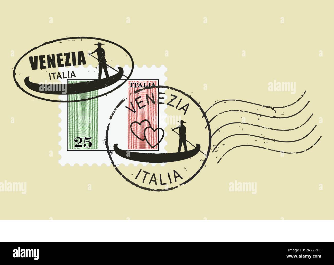 Symboles du timbre postal 'Venise - Italie'. Gondole d'aviron d'homme (bateau). Inscription italienne et drapeau (gravé, effet gravure sur bois). Illustration de Vecteur