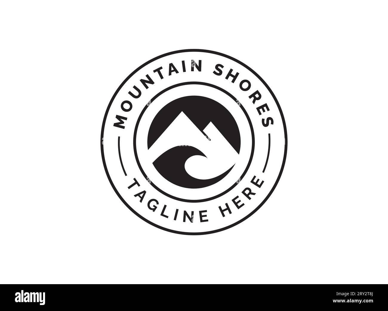 Présentation de notre « logo Mountain Shores Beach », un emblème sans couture qui intègre parfaitement des éléments du soleil, de la mer, de l'esthétique moderne Illustration de Vecteur