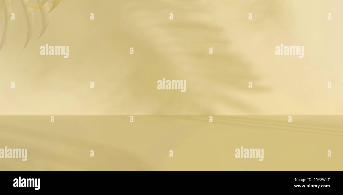 Studio panoramique de lumière du soleil avec ombre de paume sur fond jaune pour l'affichage du produit. Plate-forme de podium vide. Rendu 3D. Banque D'Images
