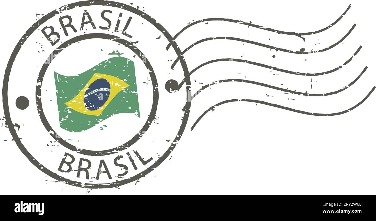 Timbre grunge postal 'Brésil'. Drapeau brésilien au milieu. Illustration de Vecteur