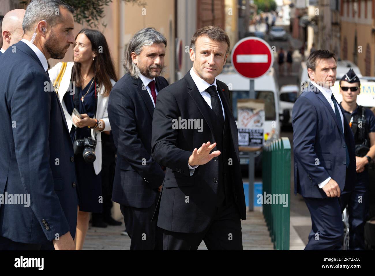 Ajaccio, France. 28 septembre 2023. Le président français Emmanuel Macron lors d’un voyage de trois jours en Corse à Ajaccio le 28 septembre 2023. Photo de Raphael Lafargue/ABACAPRESS.COM crédit : Abaca Press/Alamy Live News Banque D'Images