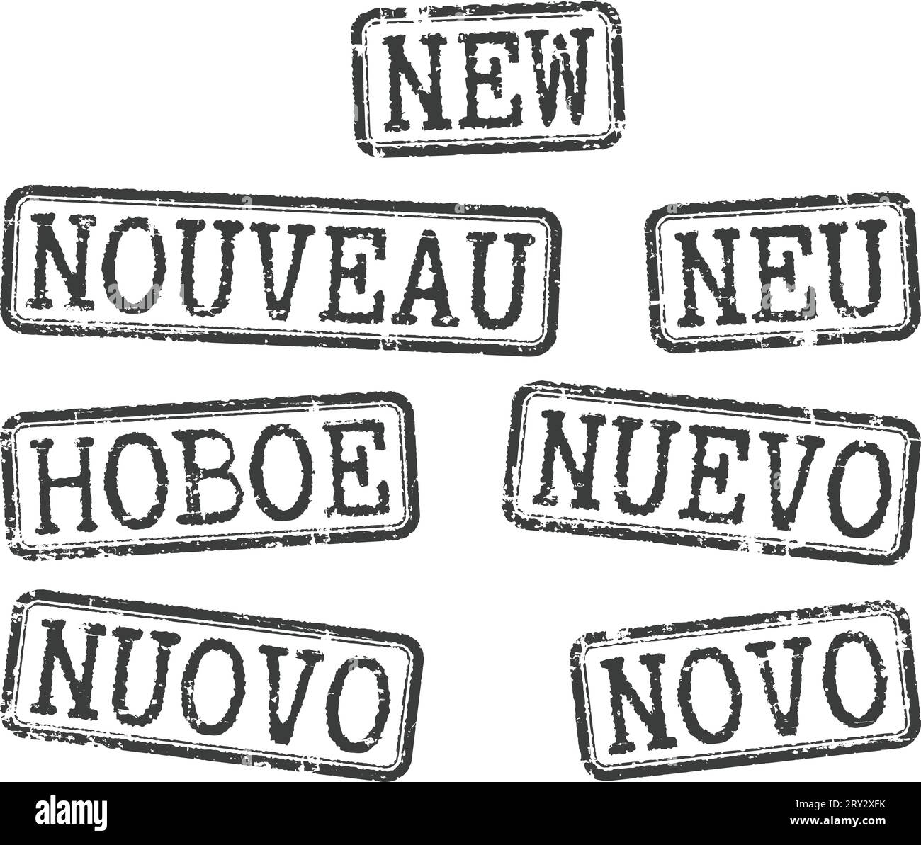 Série de timbres grunge 'Nouveau' en différentes langues (anglais, français, allemand, russe, espagnol, italien et portugais). Illustration de Vecteur