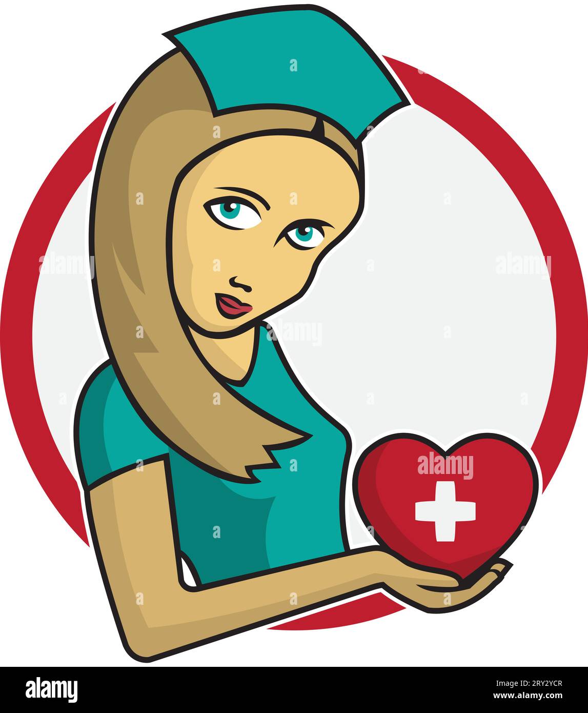illustration d'une infirmière tenant un coeur dans sa main. L'illustration représente le concept de soins, de dévouement et de charité. Illustration de Vecteur