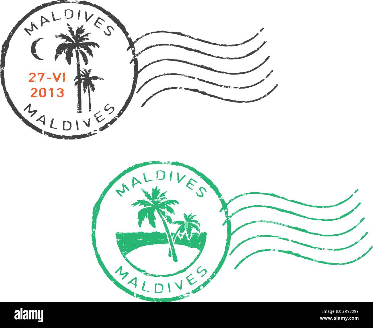 Deux timbres grunge postaux ''Maldives''. Fond blanc. Illustration de Vecteur