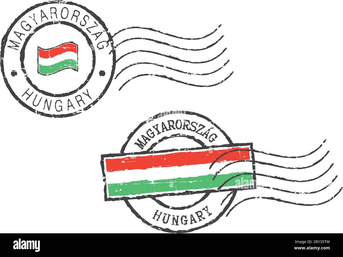 Deux timbres postaux grunge 'Hongrie'. Inscription hongroise et anglaise. Illustration de Vecteur