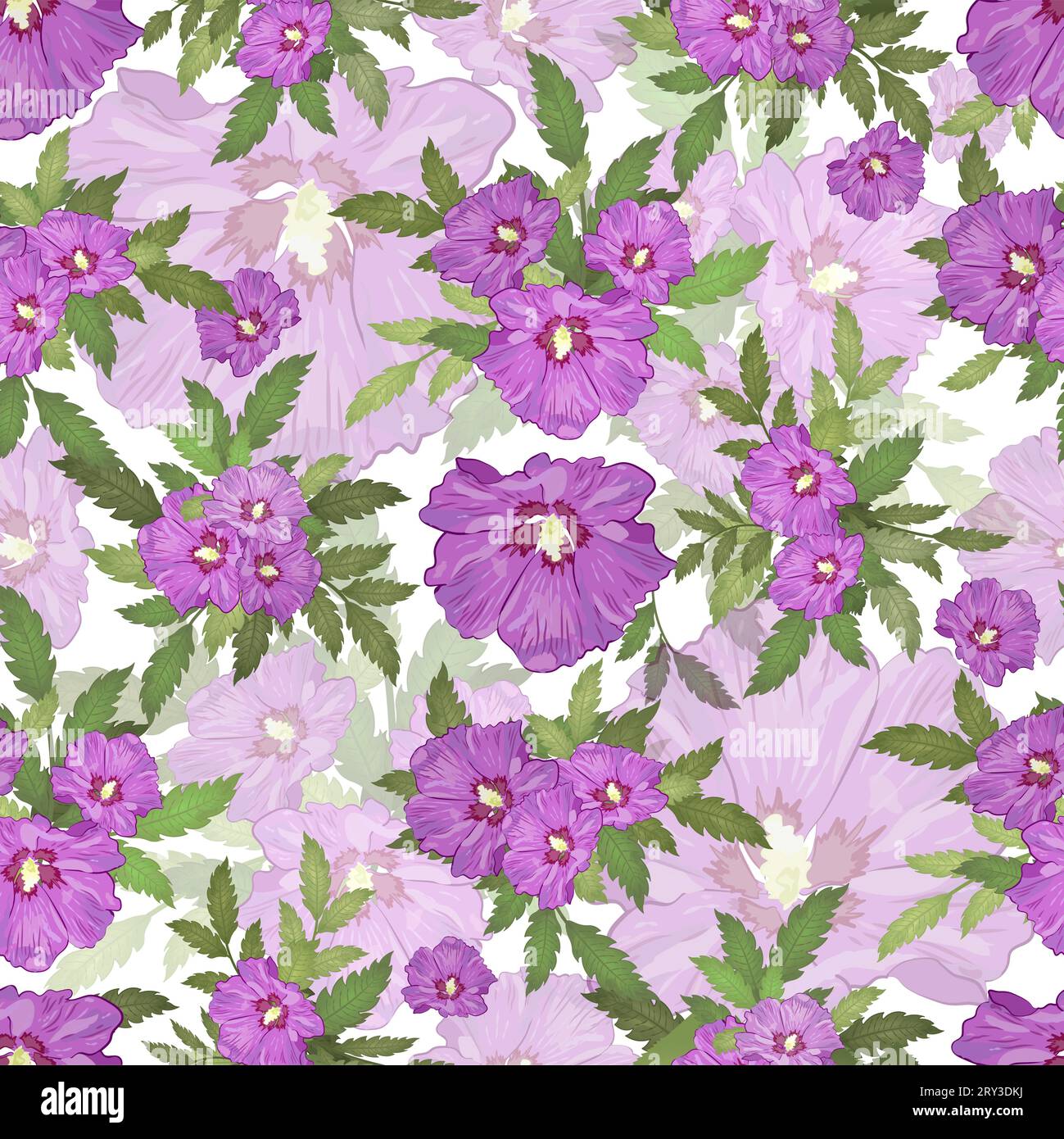 Fleurs violettes d'hibiscus avec des feuilles sans couture Illustration de Vecteur