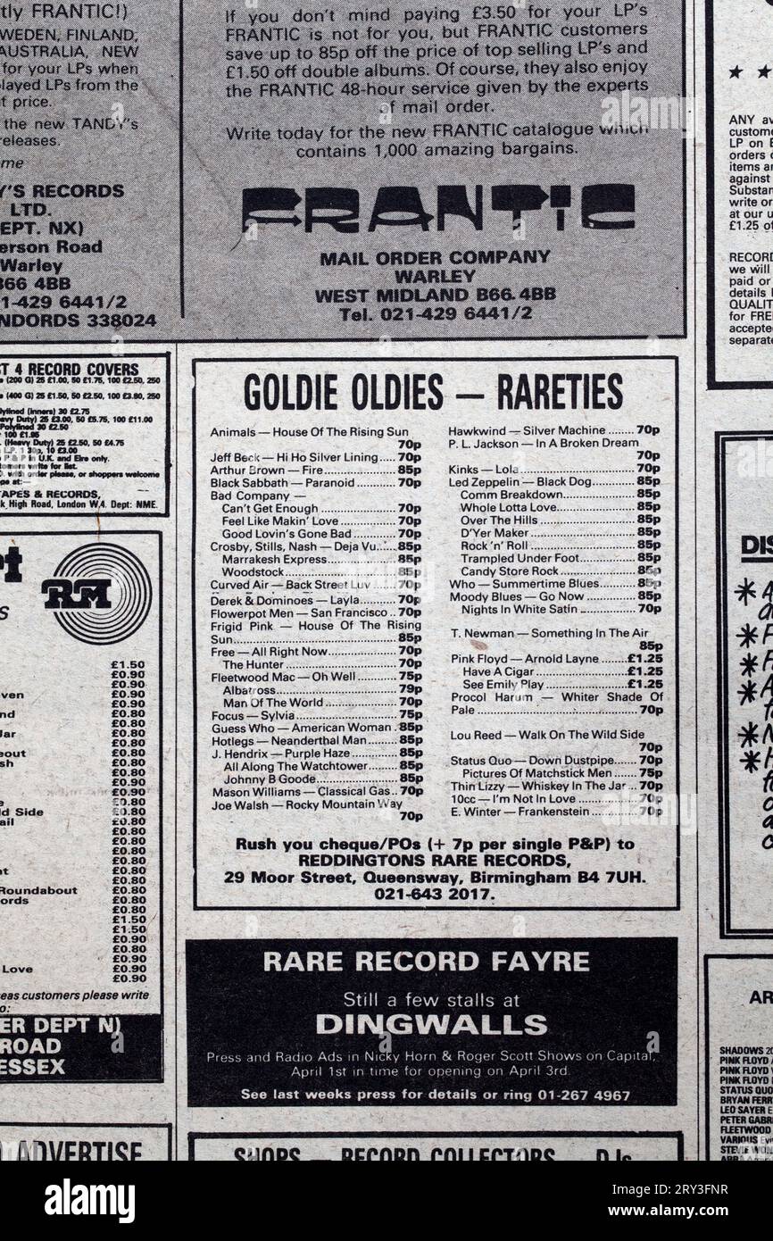 Publicité pour le numéro des années 1970 de la boutique de disques de vente par correspondance de NME New musical Express Music Paper Banque D'Images