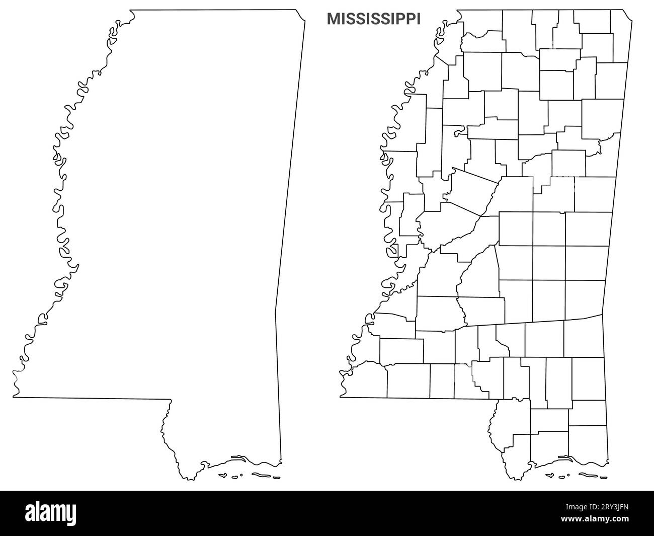 Ensemble de cartes de contour des comtés du Mississippi - version illustration Banque D'Images