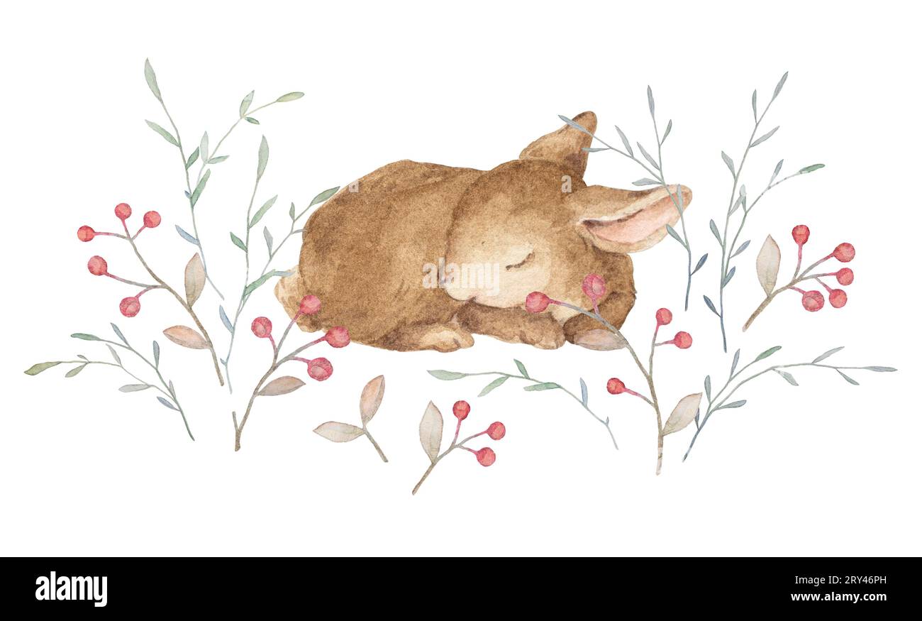 Aquarelle petit lapin, dessin animé de lapin endormi, Clipart de lapin bébé, fond blanc Banque D'Images