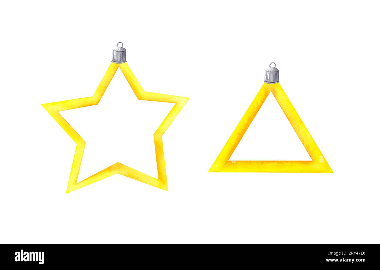 Ensemble de décoration d'arbre de Noël aquarelle étoile de couleur jaune et triangle. Illustration dessinée à la main isolée sur blanc. Elément de décoration de Noël et du nouvel an Banque D'Images