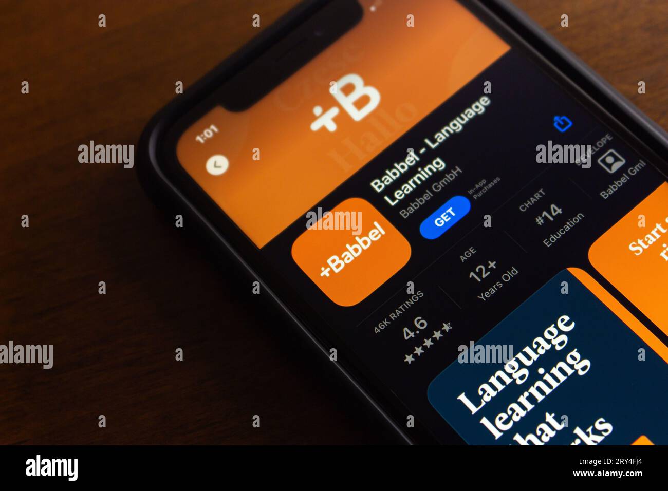 Babbel app vu dans l'App Store dans l'écran de l'iPhone. Babbel est un logiciel d'apprentissage des langues et une plate-forme d'apprentissage en ligne en allemand par abonnement Banque D'Images