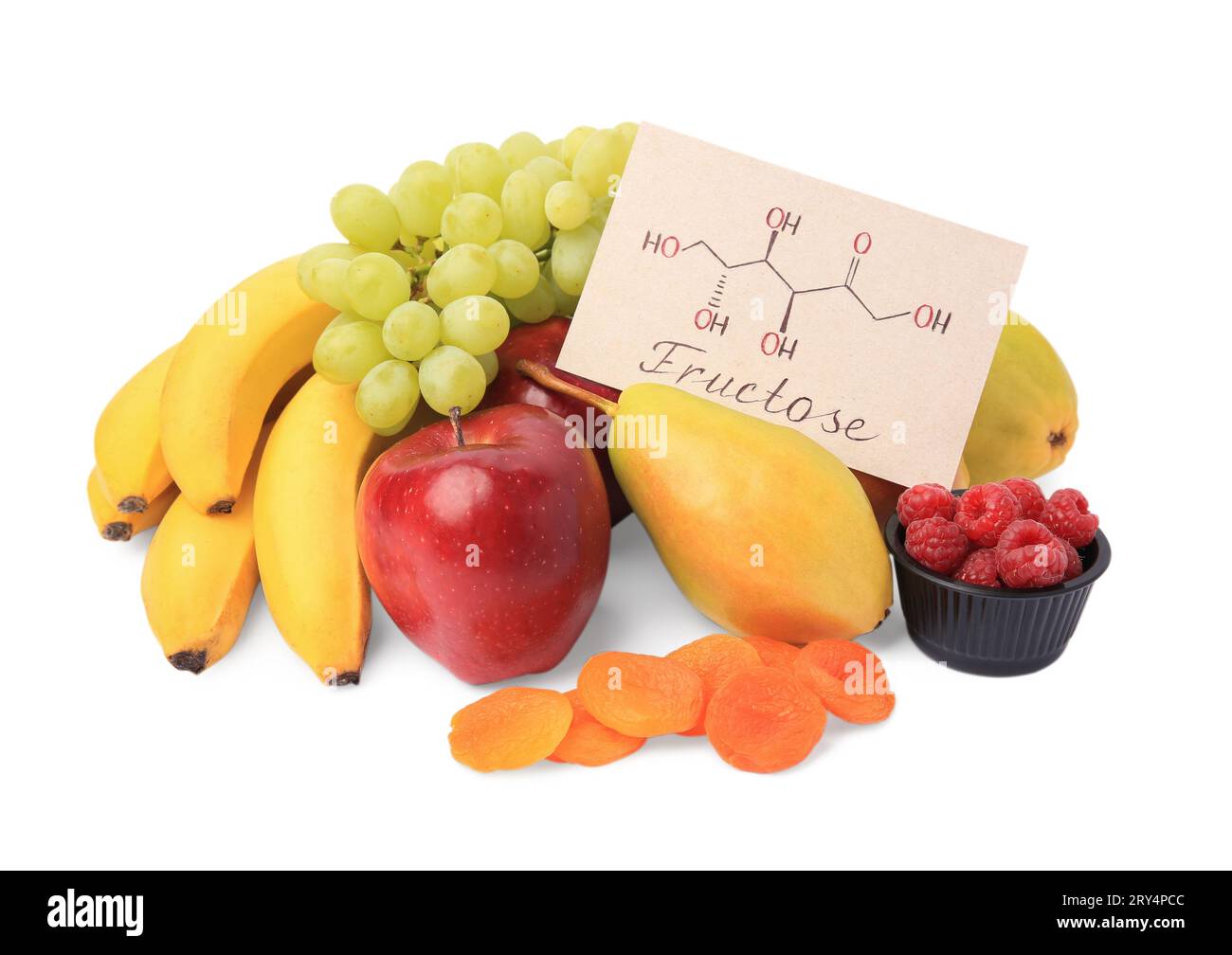Carte avec mot fructose, délicieux fruits mûrs, framboises et abricots secs isolés sur blanc Banque D'Images
