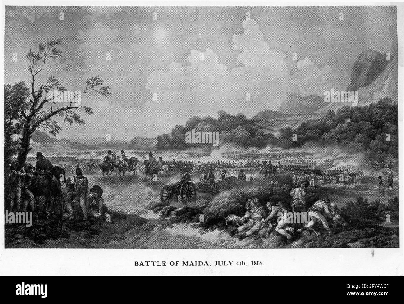 Demi-teinte de la bataille de Maida, 1806, une bataille entre le corps expéditionnaire britannique victorieux et en infériorité numérique et une force française à l'extérieur de la ville de Maida en Calabre, dans le sud de l'Italie pendant les guerres napoléoniennes. Banque D'Images
