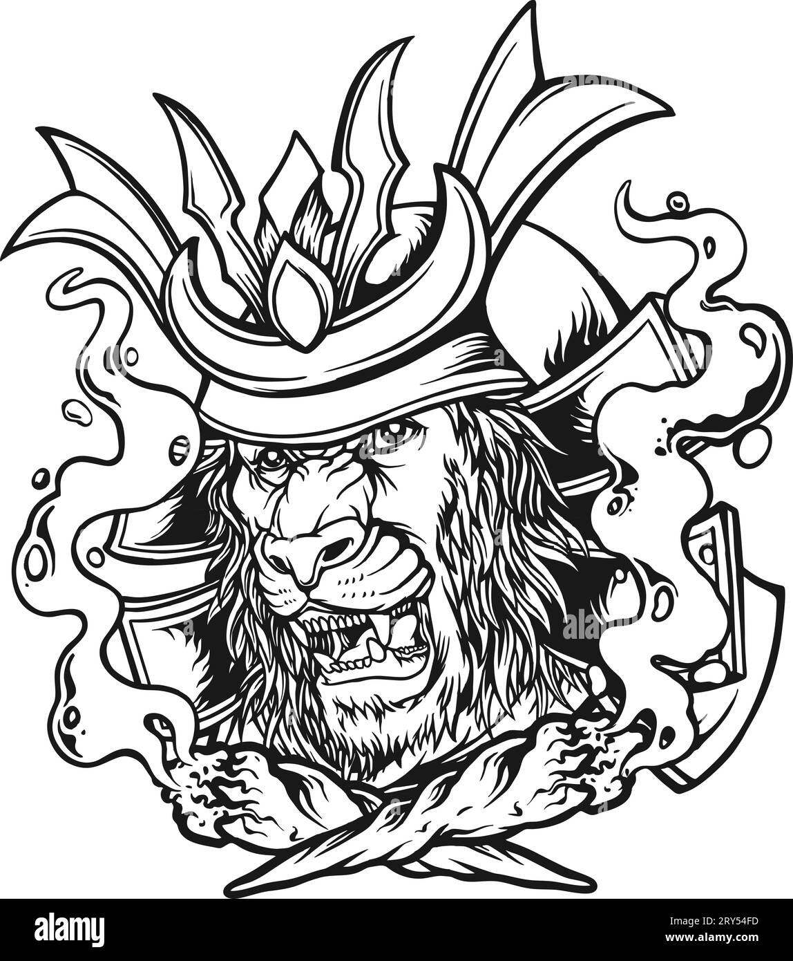 Lion Head samouraï cannabis odyssée illustrations vectorielles monochromes pour votre logo de travail, t-shirt de marchandises, autocollants et dessins d'étiquettes, affiche, Illustration de Vecteur
