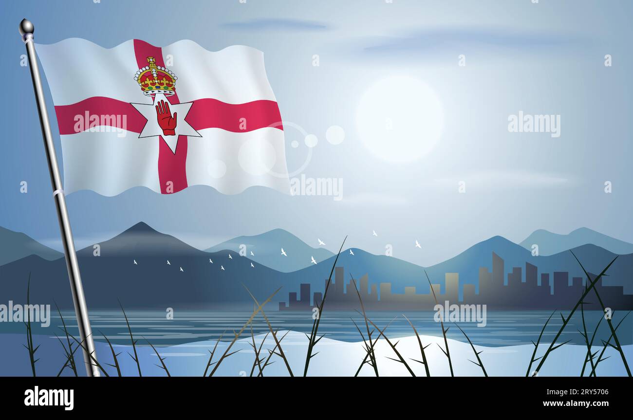 Drapeau d'Irlande du Nord avec fond de soleil de montagnes et de lacs Illustration de Vecteur