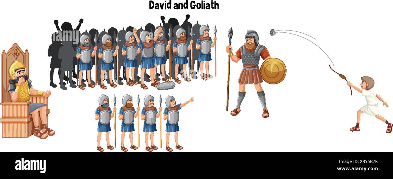 Une représentation fantaisiste de dessin animé de l'histoire biblique de David et Goliath Illustration de Vecteur