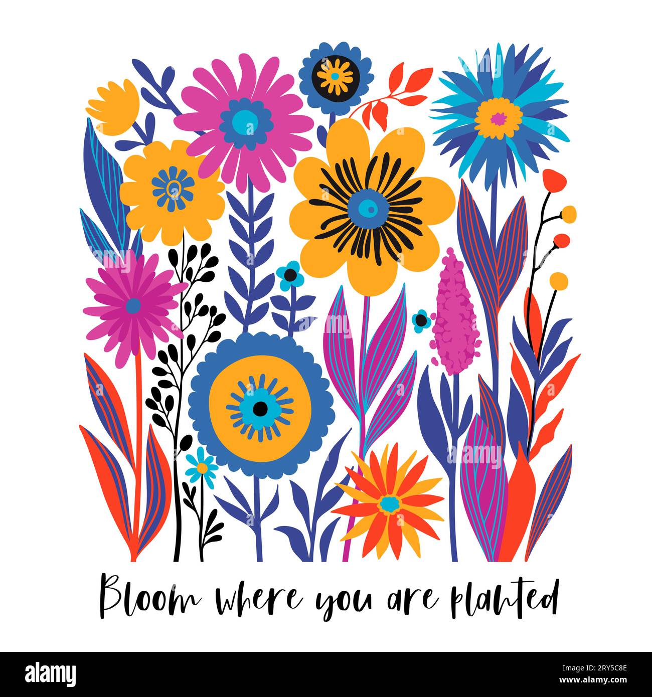 Boho Wildflowers Print avec slogan dans des couleurs vives jaune, violet, bleu, orange sur fond blanc. Fleurir là où vous êtes planté. Peut être utilisé pour la mode, T-shirts, couvertures, affiches et autres Illustration de Vecteur