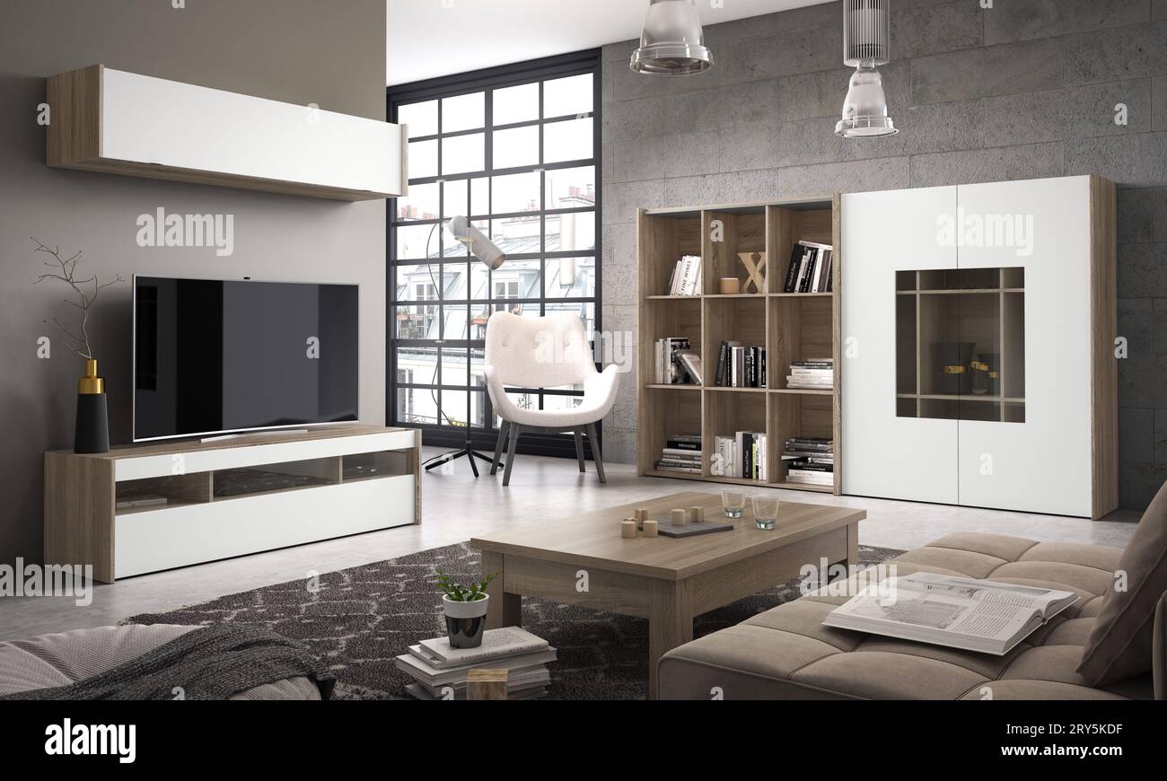 Salon moderne avec mobilier conçu dans les intérieurs. Minimalisme. Vintage. moderne. tapis. lampe. chaises. tableaux. tv. famille. Banque D'Images
