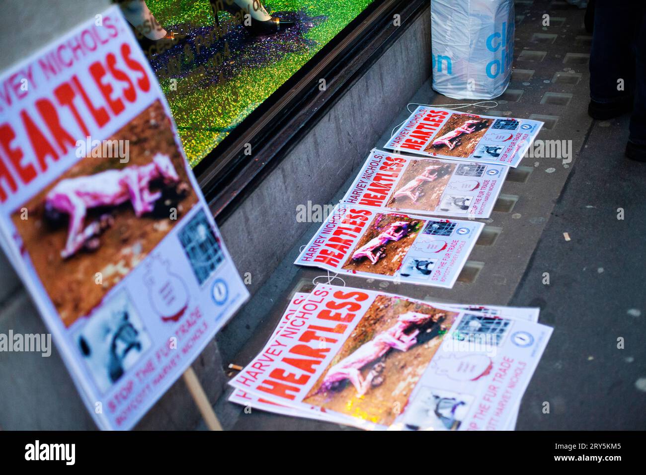 Manifestation anti fourrure des droits des animaux devant Harvey Nichols Londres 30 novembre 2013 - affiches Banque D'Images