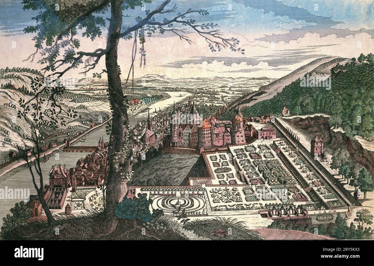 Vue sur la ville de Heidelberg et son château. Allemagne, 17e siècle. Banque D'Images
