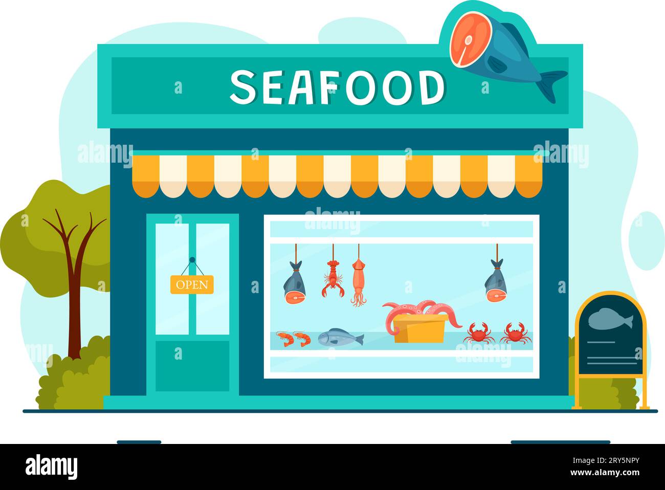 Illustration vectorielle de calage du marché des fruits de mer avec des produits de poisson frais tels que le poulpe, les palourdes, les crevettes et le homard dans la conception de fond de dessin animé plat Illustration de Vecteur
