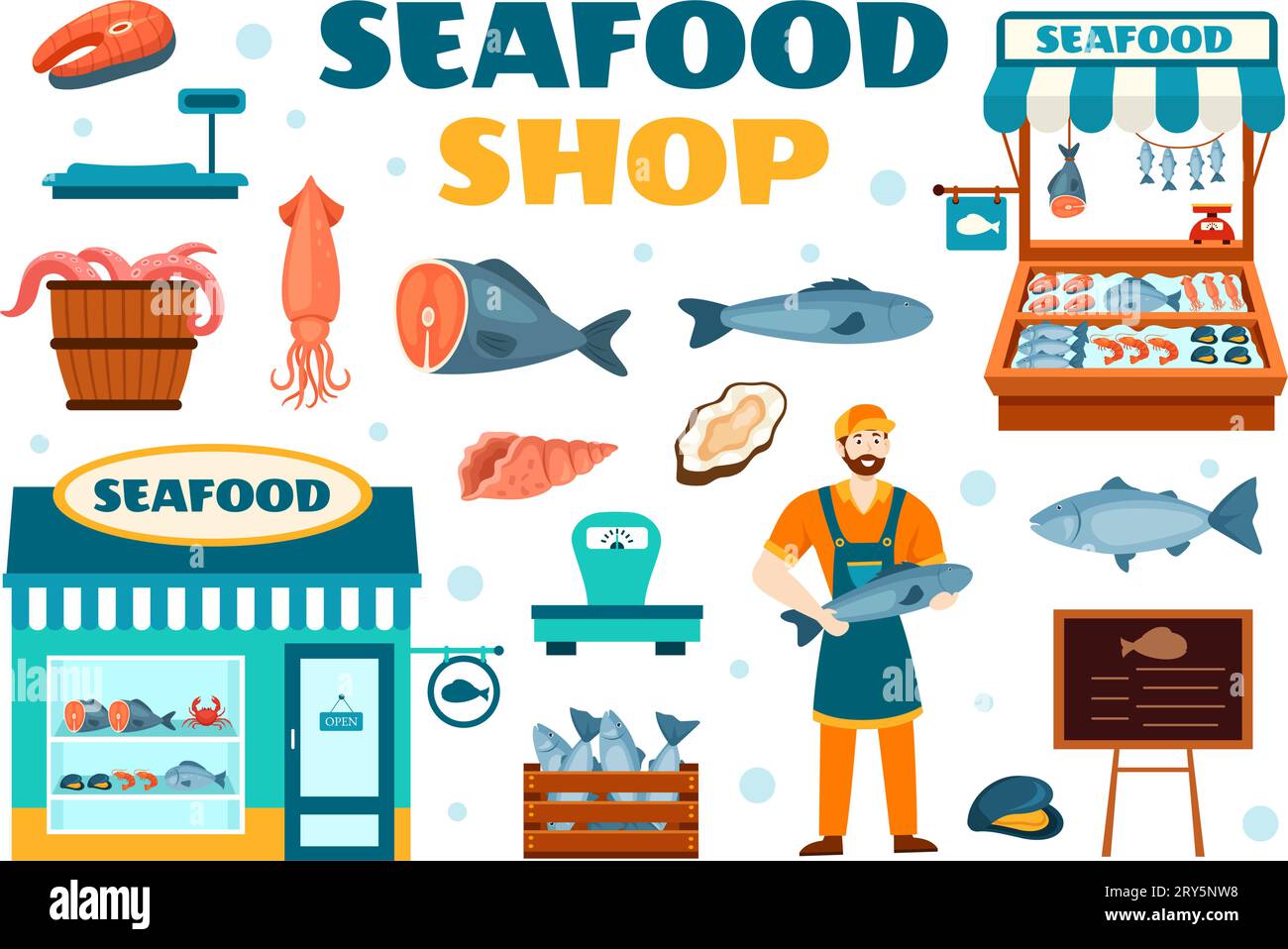 Illustration vectorielle de calage du marché des fruits de mer avec des produits de poisson frais tels que le poulpe, les palourdes, les crevettes et le homard dans la conception de fond de dessin animé plat Illustration de Vecteur