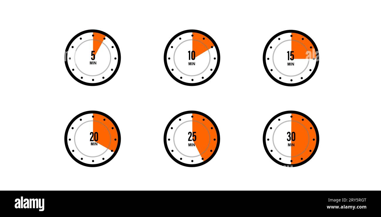Compte à rebours ou icônes de chronomètre réglées. Horloges avec différents intervalles de temps minutes orange isolés sur fond blanc. Infographie pour la cuisine ou sp Illustration de Vecteur