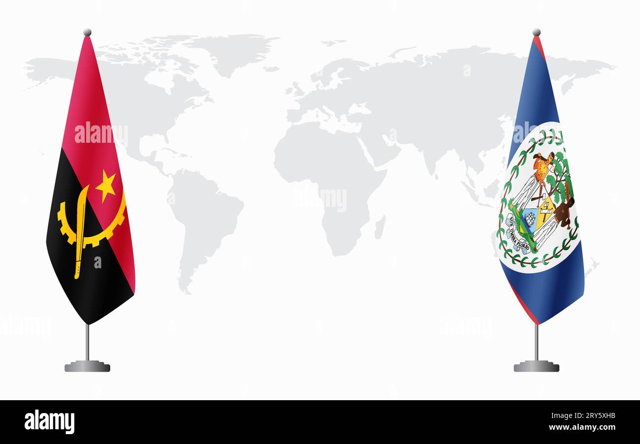 Drapeaux de l'Angola et du Belize pour la réunion officielle sur fond de carte du monde. Illustration de Vecteur