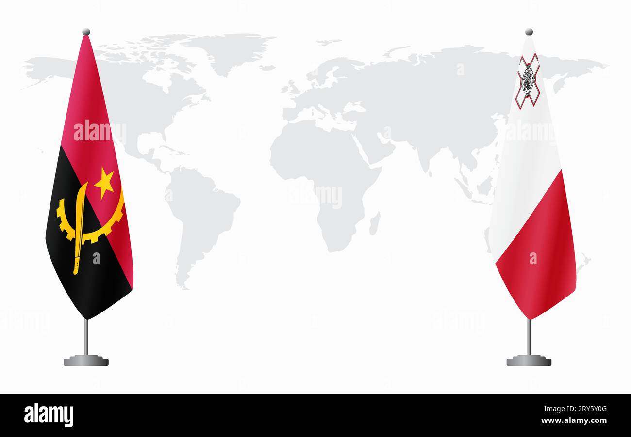 Drapeaux de l'Angola et de Malte pour la réunion officielle sur fond de carte du monde. Illustration de Vecteur