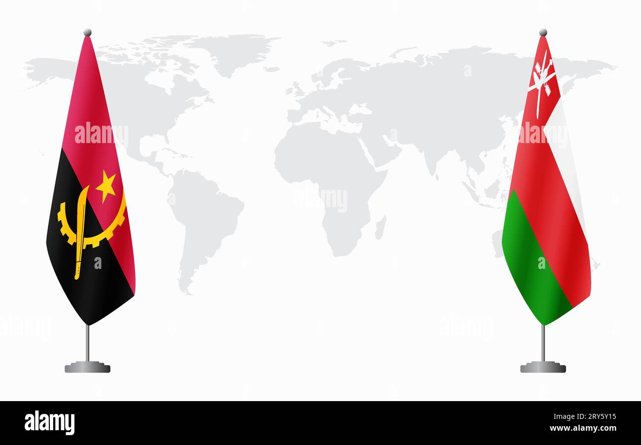 Drapeaux de l'Angola et Oman pour la réunion officielle sur fond de carte du monde. Illustration de Vecteur