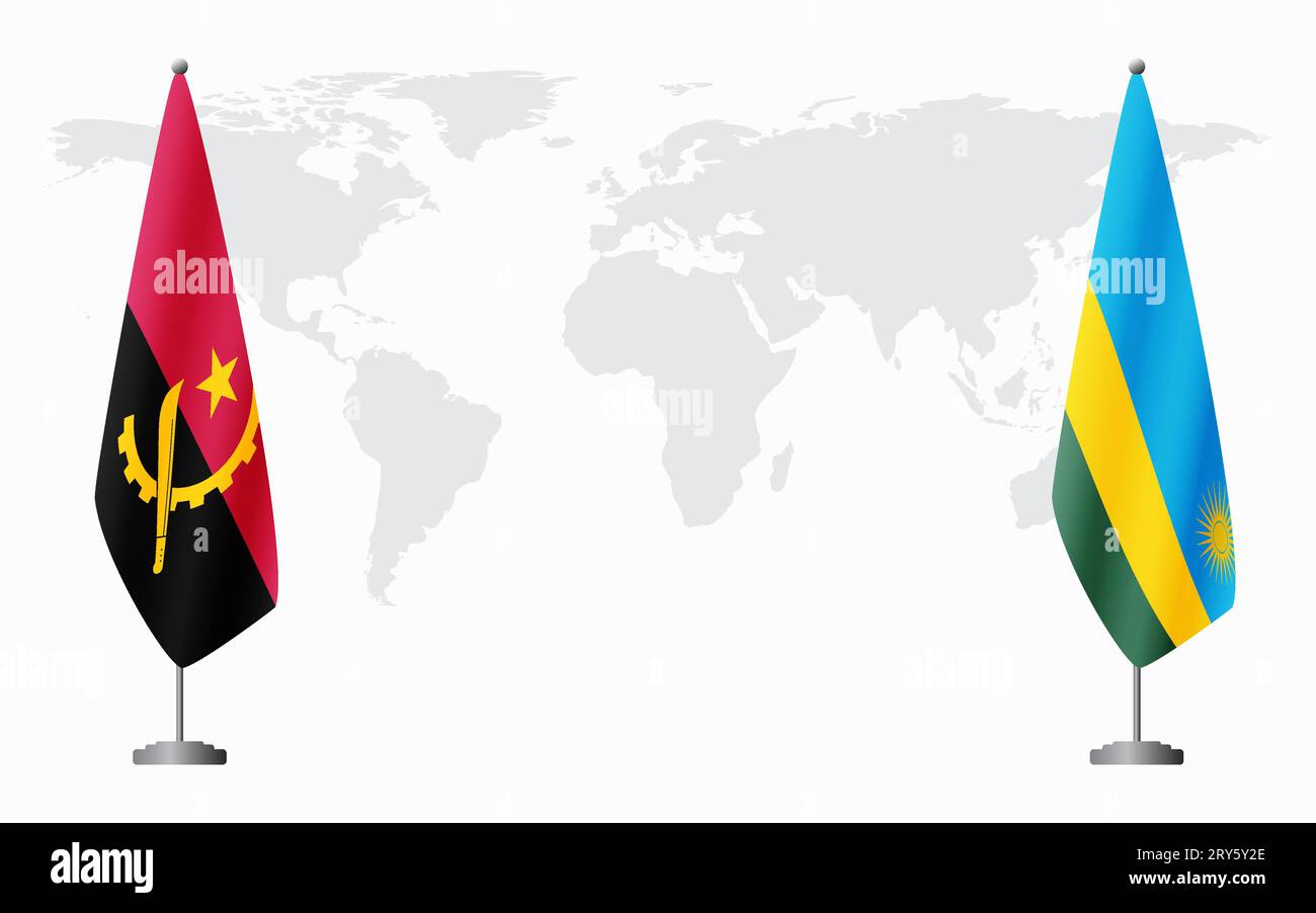 Drapeaux de l'Angola et du Rwanda pour la réunion officielle sur fond de carte du monde. Illustration de Vecteur