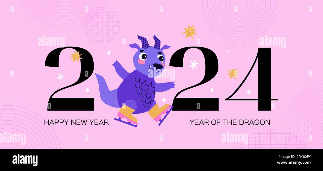 Bonne année chinoise 2024. Année du Dragon. Concept de célébration du nouvel an lunaire pour carte de voeux. Patinage sur glace Dragon. Étoiles. Heure d'hiver. Rose Illustration de Vecteur