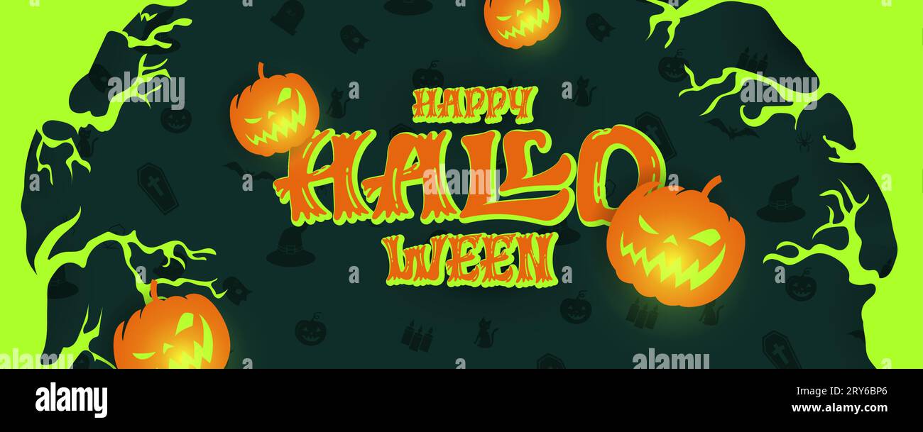 Joyeux Halloween vert fond de bannière horizontale avec citrouilles brillantes illustration vectorielle. Illustration de Vecteur