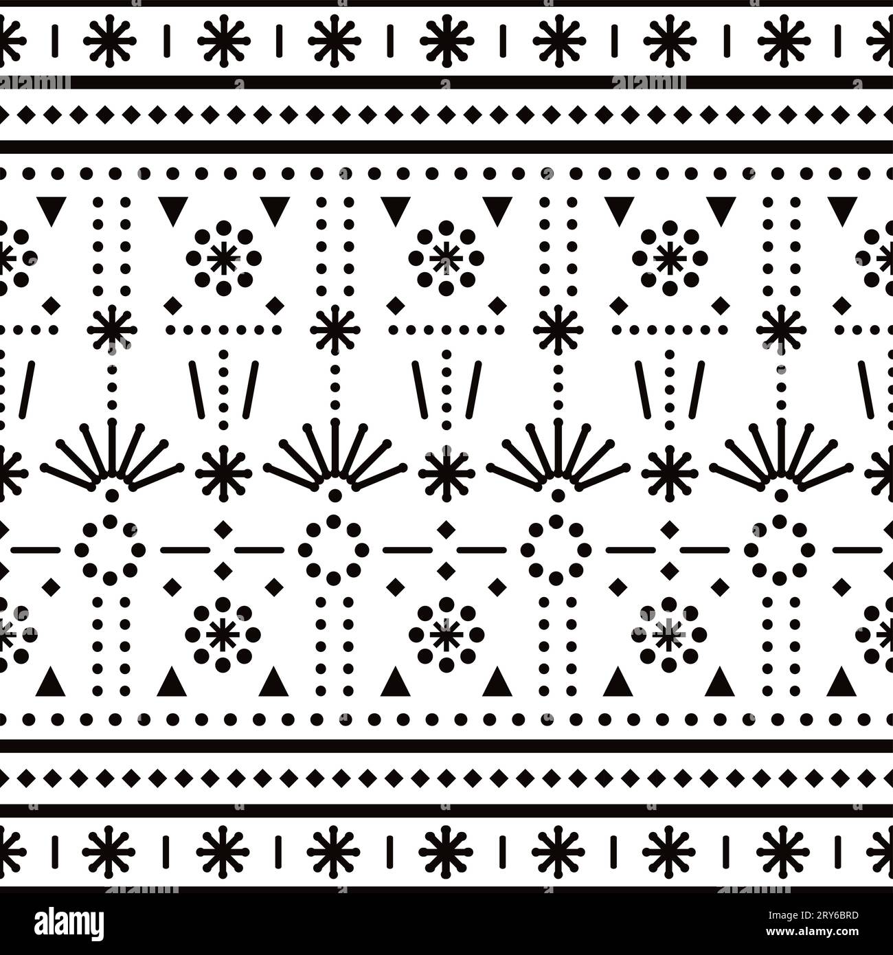 Imprimé textile ou tissu minimaliste motif vectoriel sans couture avec pois, lignes et fleurs, décoration d'art populaire en noir et blanc Illustration de Vecteur