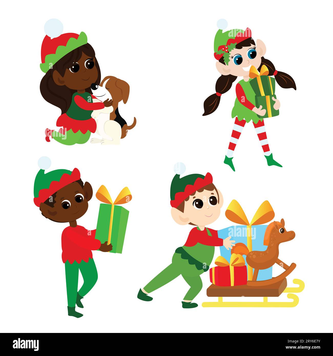 Mettez les elfes de Noël. Garçons et filles multiculturels en costumes traditionnels d'elfe. Les aides du Père Noël sont heureuses. Ils dansent, sourient, apportent des cadeaux. Illustration de Vecteur