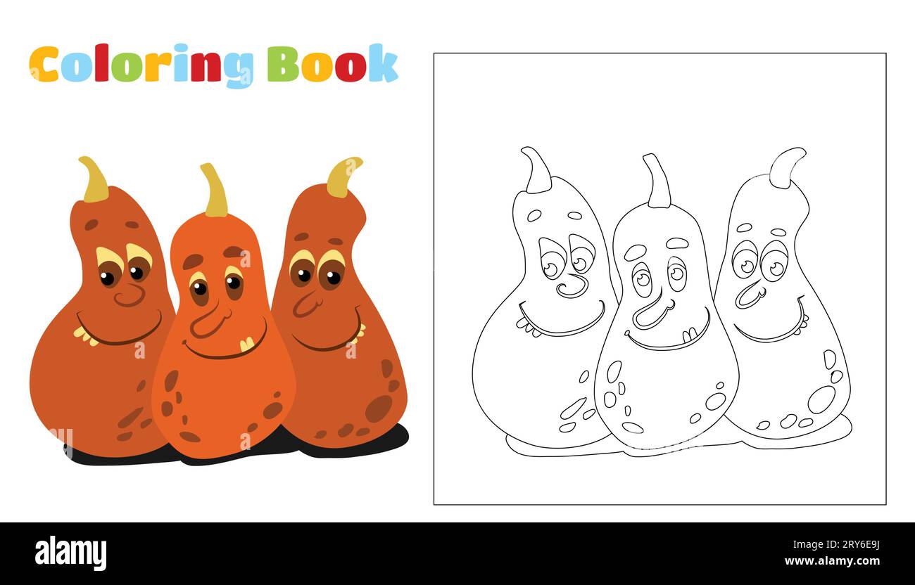 Coloriage pour enfants et adultes. Trois citrouilles parmi les branches. Les citrouilles ont des visages, des yeux et des bouches. Conception de personnage Halloween. Illustration de Vecteur