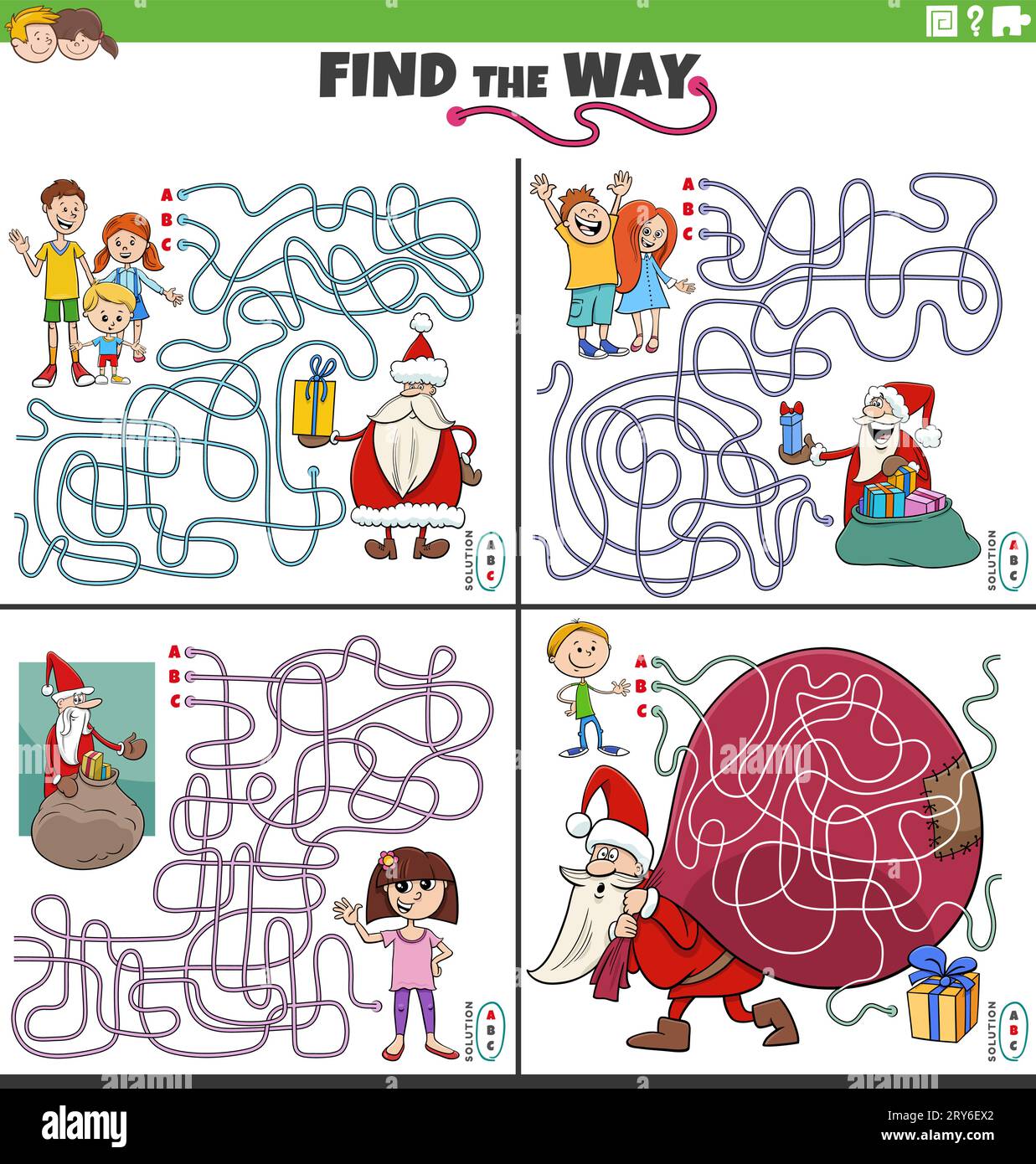 Illustration de dessin animé de trouver le chemin labyrinthe activités de puzzle avec le Père Noël à Noël avec des enfants Illustration de Vecteur