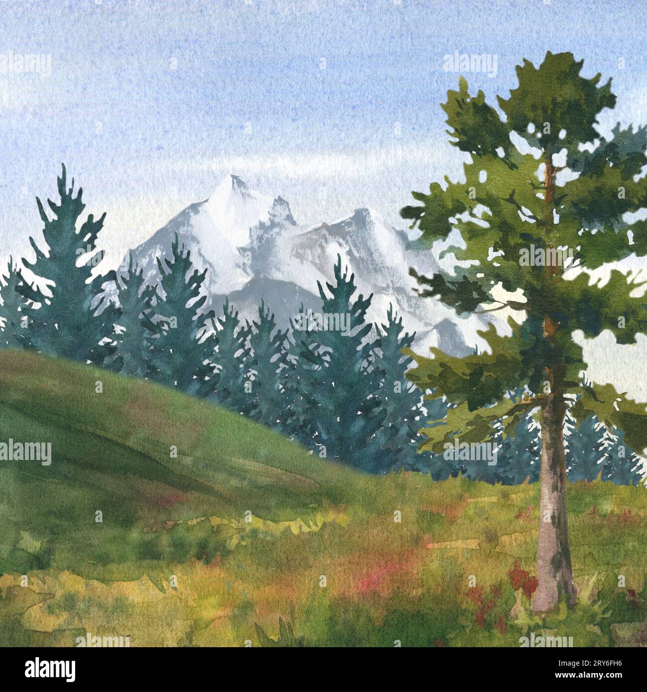 Style aquarelle de paysage de montagne isolé sur fond blanc. Pic de montagne enneigé avec un sapin. Paysage de montagne aquarelle. Idéal pour les postc Banque D'Images