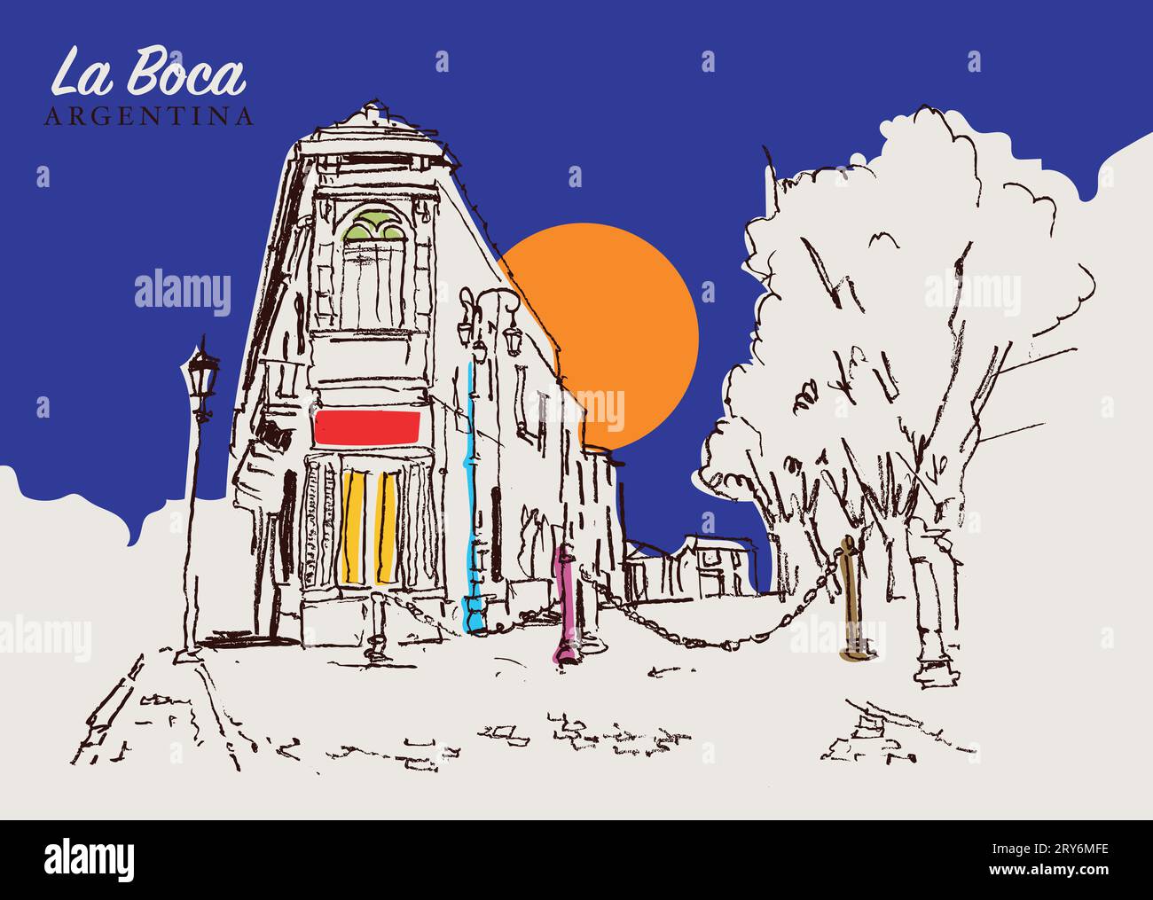 Illustration vectorielle dessinée à la main d'une rue traditionnelle à la Boca, Argentine. Banque D'Images
