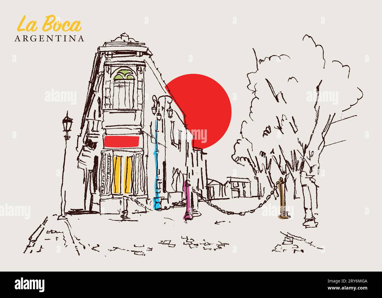 Illustration vectorielle dessinée à la main d'une rue traditionnelle à la Boca, Argentine. Banque D'Images