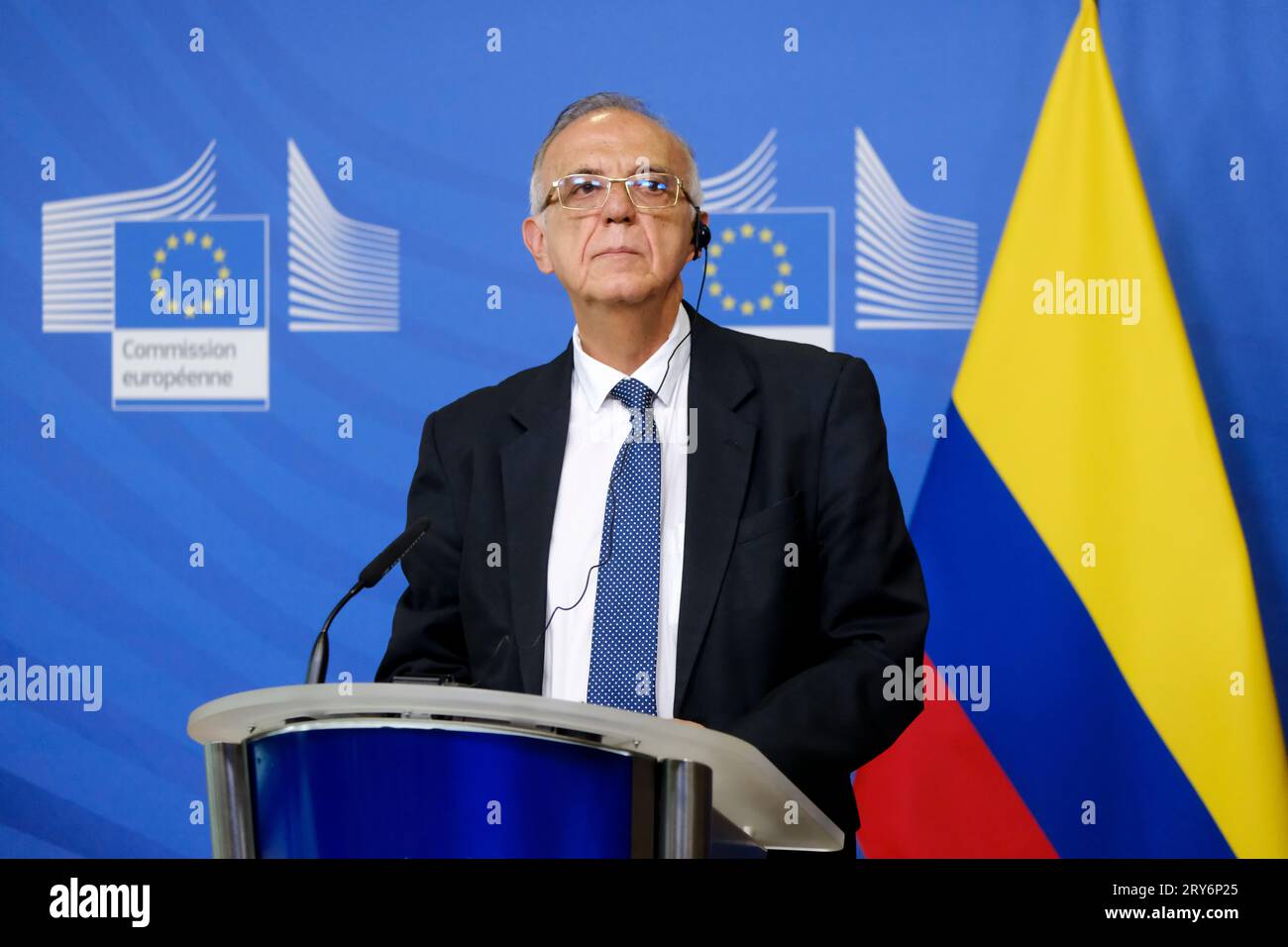 Bruxelles, Belgique. 29 septembre 2023. La commissaire européenne Ylva Johansson et le ministre colombien de la Défense nationale Ivan Velasquez tiennent une conférence de presse conjointe dans le cadre du dialogue UE-Colombie sur les drogues à Bruxelles, en Belgique, le 29 septembre 2023. Crédit : ALEXANDROS MICHAILIDIS/Alamy Live News Banque D'Images